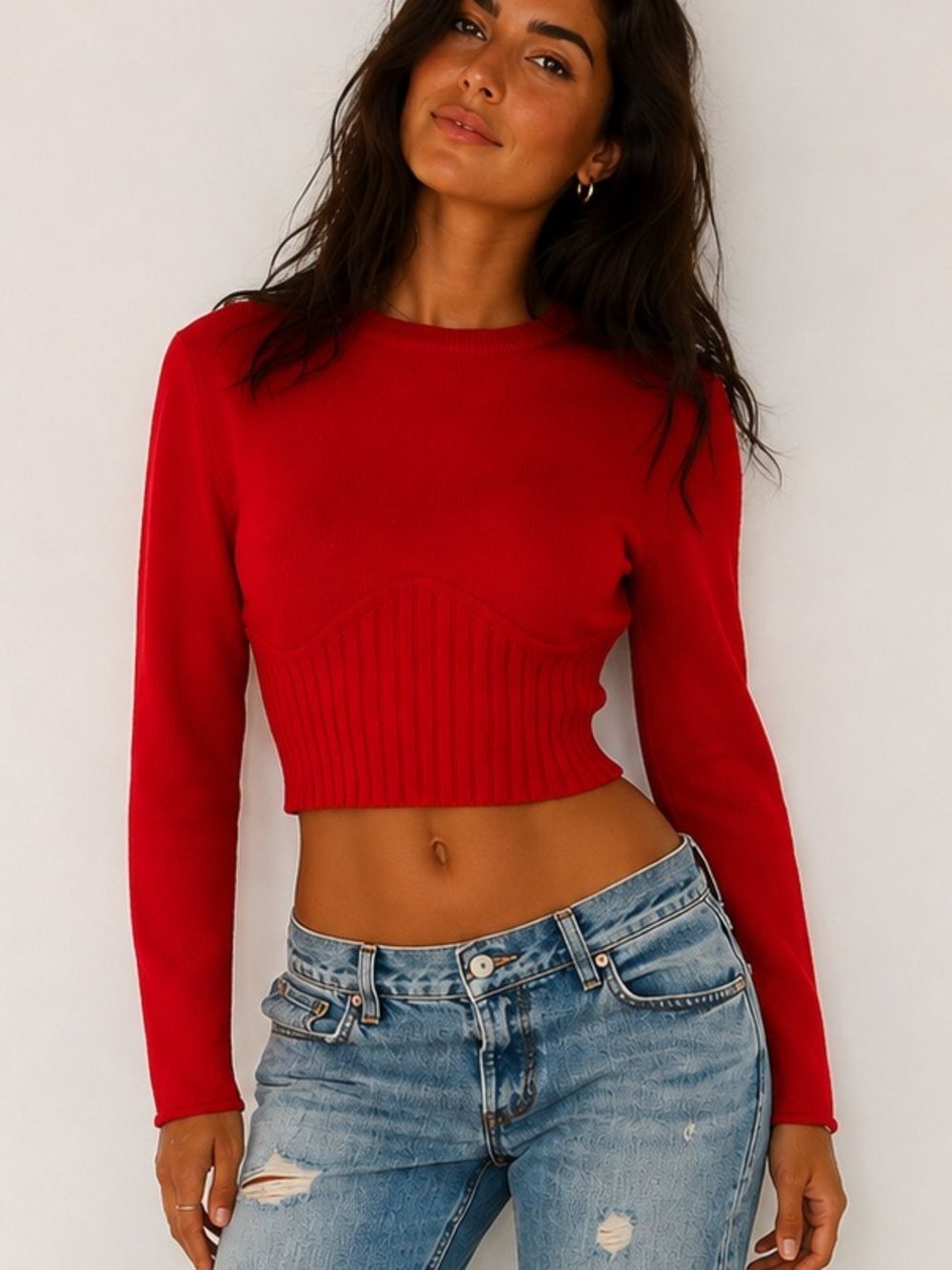 ReoRia Red cropped long sleeve ribbed waist knit Sweater Top – S M